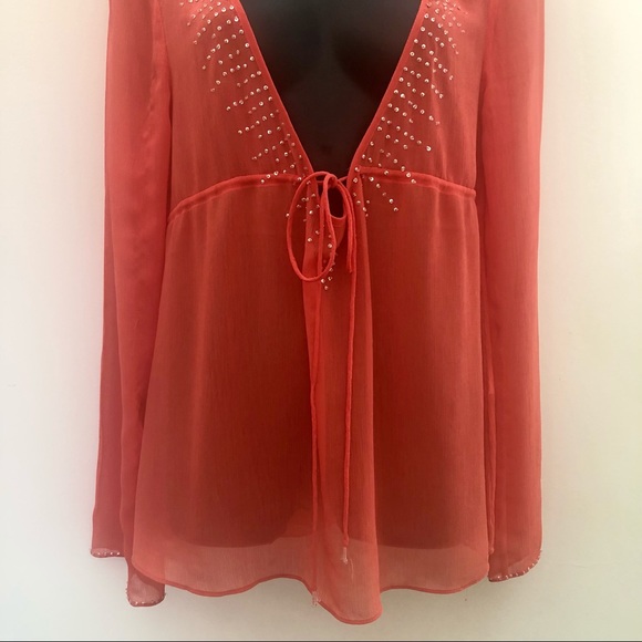 Just Jeans Sheer Orange Top Long Sleeve Deep V Neckline clear crystal detail - Picture 3 of 11